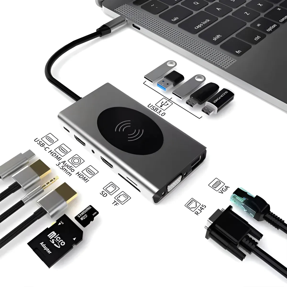 Hub USB-C 14 en 1 con Carga Inalámbrica