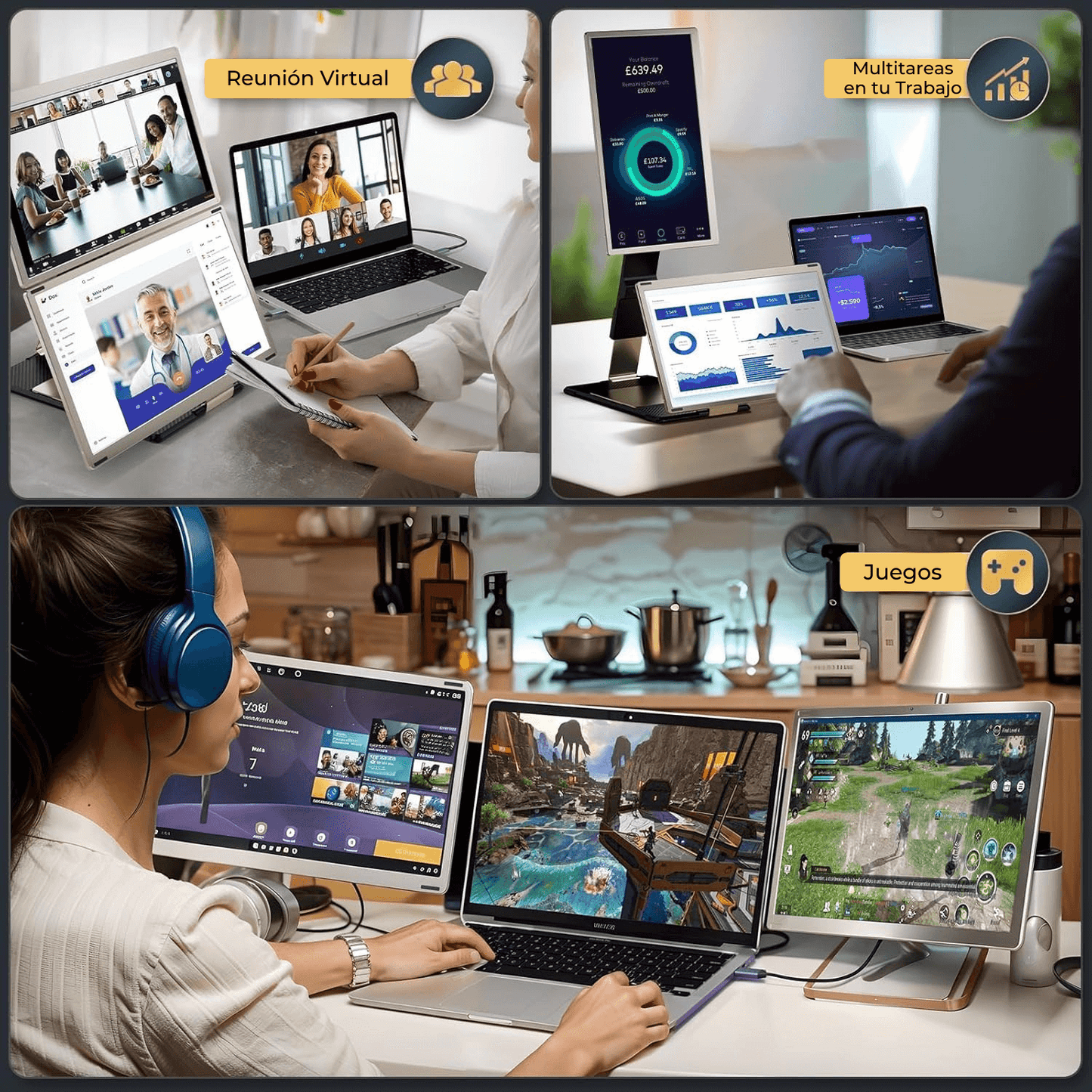 Pantalla portátil S6 en uso para multitasking y productividad