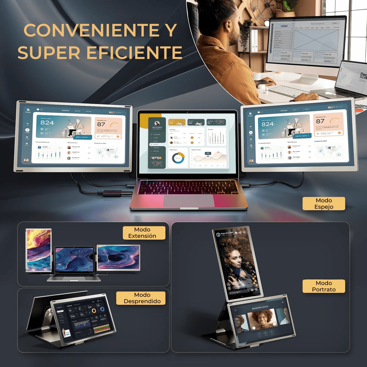 Monitor extensor S6 vista lateral mostrando dos pantallas IPS