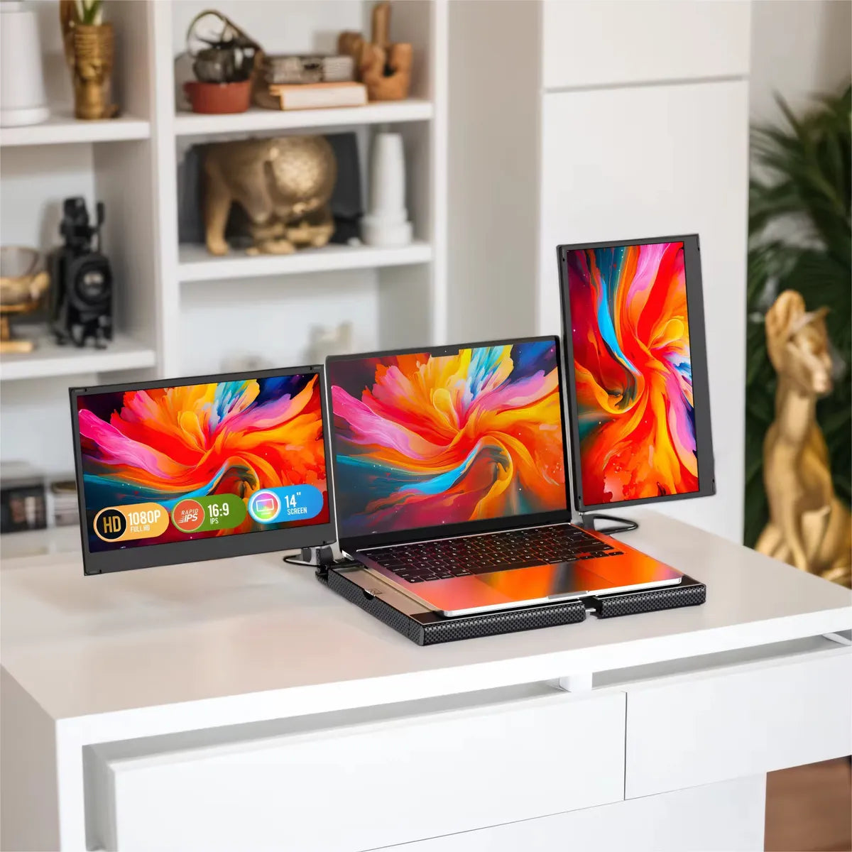 Extensor de pantalla triple F3 en uso mostrando multitasking